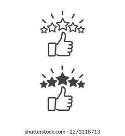 С icono de satisfacción del cliente. Icono de la línea de 5 estrellas de reputación con el pulgar hacia arriba.