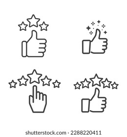 С icono de satisfacción del cliente. Icono de la línea de 5 estrellas de reputación con el pulgar hacia arriba.