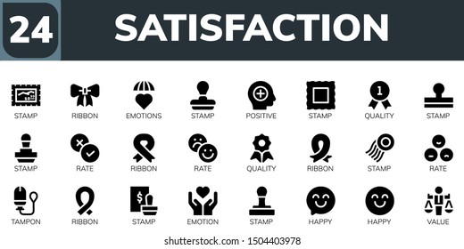 satisfaction icon set. 24 filled satisfaction icons.  Collection Of - Stamp, Ribbon, Emotions, Positive, Quality, Rate, Tampon, Emotion, Happy, Value