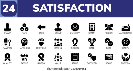 satisfaction icon set. 24 filled satisfaction icons.  Simple modern icons about  - Stamp, Rate, Back, Unhappy, Ribbon, Autograph, Tampon, Happiness, Emotions, Rating, Happy, Quality
