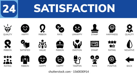 satisfaction icon set. 24 filled satisfaction icons.  Simple modern icons about  - Quality, Happy, Ribbon, Rate, Unhappy, Stamp, Happiness, Satisfied, Value, Emotion, Rating, Negative