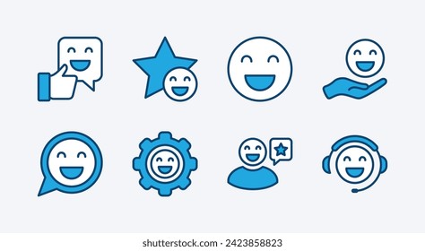 Conjunto de iconos de satisfacción. Conteniendo felicidad, calificación, recomendación, retroalimentación, soporte, servicio y otros. Ilustración del vector