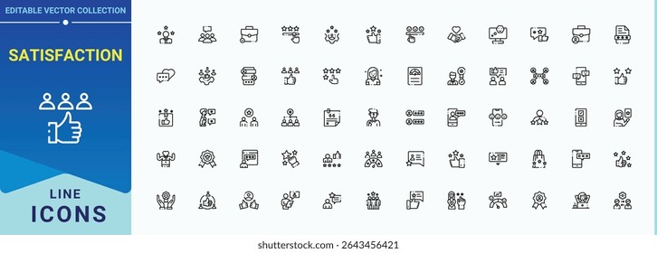 Satisfaction icon set. Testimonial icon collection. Thin linear style icons. Pack of testimonial, like, comment, feedback and more. Vector collections.