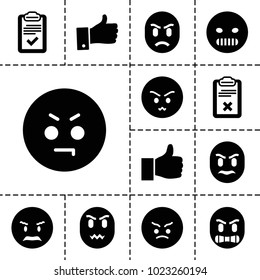 Satisfaction icons. set of 13 editable filled satisfaction icons such as angry emot, clipboard, thumb up