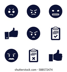 satisfaction icons set. Set of 9 satisfaction filled icons such as angry emot, clipboard, thumb up