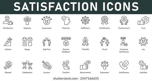 Satisfaction Icons vector illustration with thin line editable stroke contains happiness assessment positivity fulfilment gratification contentment trust achieve happy high five feedback