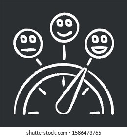 Satisfaction level chalk icon. Good, neutral and bad experience. Emotion meter. Positive and negative. Scale with emoticons. Score with pointer. Quality gauge. Isolated vector chalkboard illustration