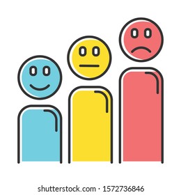 Satisfaction level color icon. Customer experience. Negative, positive and neutral emoticons. Social reaction assessment. Opinion rate. Feedback analysis. Isolated vector illustration