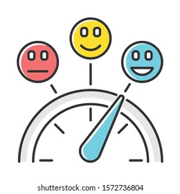 Satisfaction level color icon. Good, neutral and bad experience. Emotion meter. Positive and negative. Scale with emoticons. Score with arrow pointer. Quality gauge. Isolated vector illustration