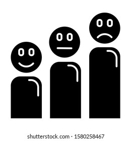 Satisfaction level glyph icon. Customer experience. Negative, positive emoticons. Reaction assessment. Opinion rate. Feedback analysis. Silhouette symbol. Negative space. Vector isolated illustration