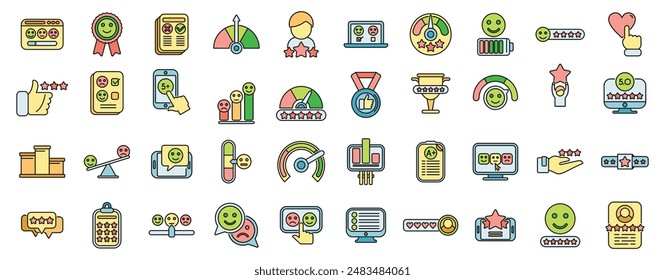 Satisfaction level icons set outline vector. Customer smile. Bad fail thin line color flat on white