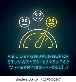 Satisfaction Level Neon Light Icon. Good And Bad Experience. Emotion Meter. Positive, Negative. Scale With Emoticons. Glowing Sign With Alphabet, Numbers And Symbols. Vector Isolated Illustration