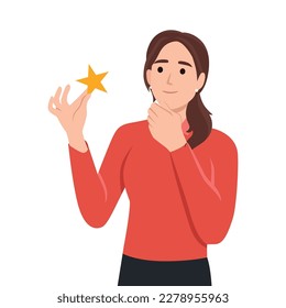 Satisfaction level. Young woman holding star. Customer review rating and client feedback concept. Smiling cute brunette girl. Flat vector illustration isolated on white background