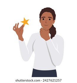 Satisfaction level. Young woman holding star. Customer review rating and client feedback concept. Smiling cute brunette girl. Flat vector illustration isolated on white background