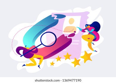 Satisfaction loyalty analysis, customer retention increasing marketing tools concept. Vector isolated concept illustration with tiny people and floral elements. Hero image for website.