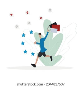  satisfaction loyalty shopping. vector character runs after shopping, rejoices at discounts, sale. A good review of online stores, five stars, hearts for the product and service