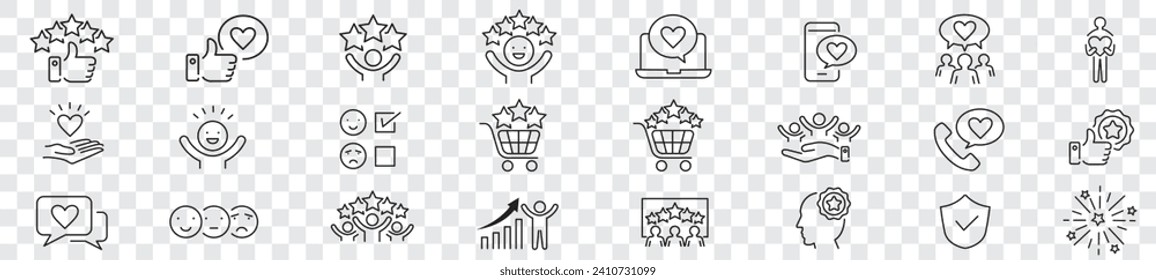 Satisfaction, Positive Feedback, Customer satisfaction, Fulfillment, Recommend, Happiness, Star, Satisfied, Gratification editable stroke line icon set collection Vector.