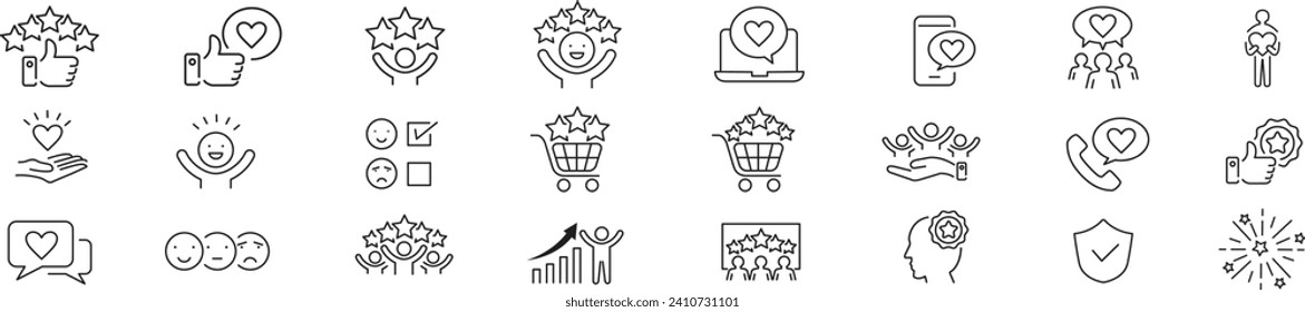 Satisfaction, Positive Feedback, Customer satisfaction, Fulfillment, Recommend, Happiness, Star, Satisfied, Gratification editable stroke line icon set collection Vector.