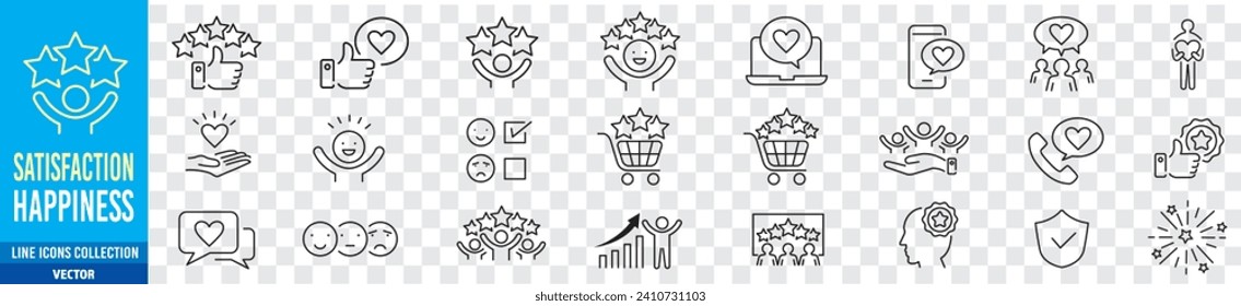 Zufriedenheit, positives Feedback, Kundenzufriedenheit, Erfüllung, Empfehlung, Glück, Stern, Zufriedenheit, Befriedigung korrigierbare Strich Linie Icon Set Sammlung Vector.
