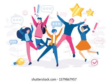 Satisfaction, Positive happy people, work togetherVector illustration, business project startup process. Businesspeople celebrate project development, company teamwork collaboration.