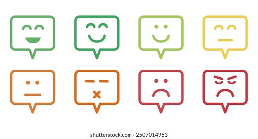 Zufriedenheitsbewertung. Feedback-Skala mit Emoticon-Gesichtern, schlechte bis gute Benutzererfahrung, Vektorgrafik. Smiley, glücklich, unglücklich, Gesicht, Ikone. Symbol-Chat-Zufriedenheitsbewertung.