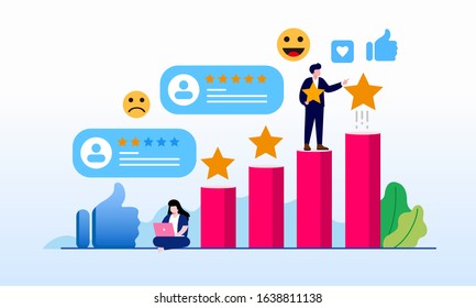 Satisfaction rating and review, online vote, rate, ranking, five stars, user evaluation landing page website illustration flat vector template 