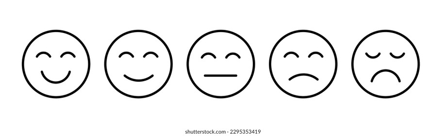 Satisfaction Rating, Sad and Happy, Flat outline Emoji Icons, Different mood emoji, Feedback emoji slider,  facial expression emojis, User experience, Ranking, Testimonial Template. Testimony