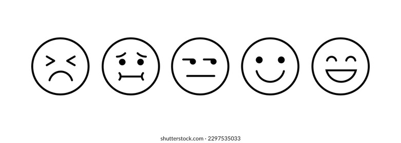 Satisfaction Rating, Sad and Happy, Flat outline Emoji Icons, Different mood emoji, Feedback emoji slider,  facial expression emojis, User experience, Ranking, Testimonial Template. Testimony