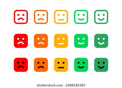 Escala de calificación de satisfacción con caras cuadradas de color. Conjunto de evaluación de Comentarios y emoción Cliente. Resultados de Encuesta, calificación de calidad y medición de desempeño para análisis de negocios o servicios. Vector
