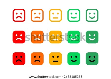 Satisfaction rating scale with color square faces. Customer feedback and emotion evaluation set. Survey results, quality rating, and performance measurement for business or service analysis. Vector