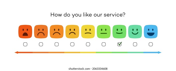 Satisfaction rating service level concept, feedback emoji vector, review and evaluation of service or good, pain measurement scale. Vector Illustration 10 eps