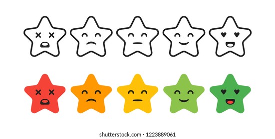 Satisfaction Rating. Set of Feedback star Icons in form of emotions. Excellent, good, normal, bad, awful. Vector illustration.