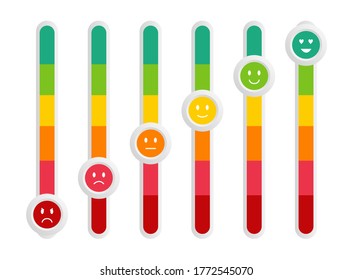 Satisfaction rating. Switch toggle. Feedback. Customer reviews. Set of emoticons. Bad and good mood.