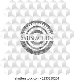 Satisfaction realistic grey emblem with cube white background