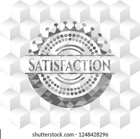 Satisfaction realistic grey emblem with cube white background