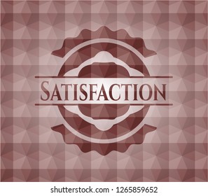 Satisfaction red emblem or badge with abstract geometric pattern background. Seamless.