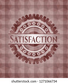 Satisfaction red emblem or badge with abstract geometric pattern background. Seamless.
