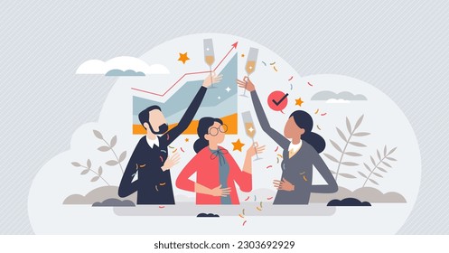 Satisfaction and success with business achievement tiny person concept. Joy and positive emotions after profit and financial growth vector illustration. Partnership and professional teamwork job.