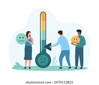 Satisfaction survey with customers mood level meter. Tiny people push scale on thermometer to reduce negative emotions of client from product or service experience cartoon vector illustration