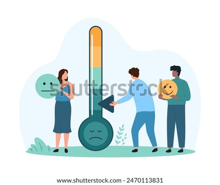 Satisfaction survey with customers mood level meter. Tiny people push scale on thermometer to reduce negative emotions of client from product or service experience cartoon vector illustration