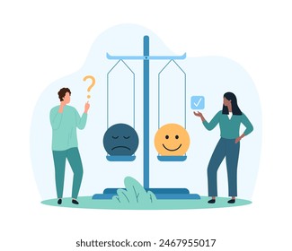 Satisfaction survey with emoji of customers mood from product or service experience. Tiny people weigh sad and happy emoticons faces on scales, control clients feedback cartoon vector illustration