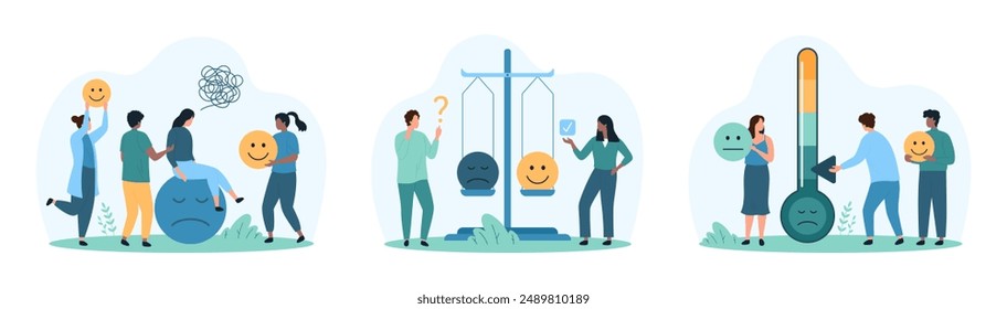 Satisfaction survey with emoji of customers mood from product or service experience set. Tiny people try to change sad emotions, weigh positive negative emoticons on scales cartoon vector illustration