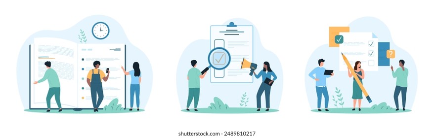 Satisfaction survey, filling out documents, questionnaire and notes set. Tiny people read book with list of rules and online FAQ, check boxes on clipboard with pencil cartoon vector illustration