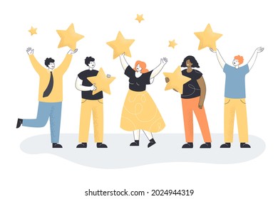 Adultos satisfechos con estrellas de oro en las manos. Clientes que evalúan el servicio y proporcionan una ilustración vectorial plana de retroalimentación. Negocio, mejor experiencia, concepto de revisión de clientes
