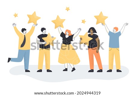 Satisfied adults holding gold rating stars in hands. Customers evaluating service and giving feedback flat vector illustration. Business, best experience, clients review concept