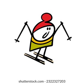 Satisfied athlete goes skiing in the snow in winter. Vector illustration of a healthy lifestyle. Hand drawn stick figure character isolated on white background.