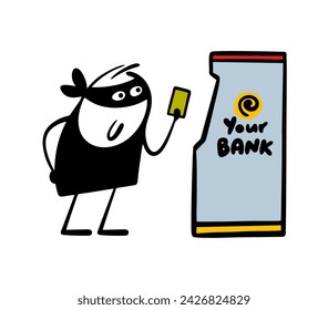 Satisfied bandit holds bank card and is going to steal money. Vector illustration of bank machine,  man in  black mask steals passwords and data. Commits a crime online. Isolated on white background.