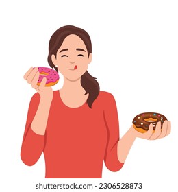 Una bella chica satisfecha come donuts comprados en la tienda con bollería fresca y postres dulces. Las mujeres comen panecillos de alta caloría cubiertos de hielo de azúcar disfrutando de donuts de restaurantes de comida rápida