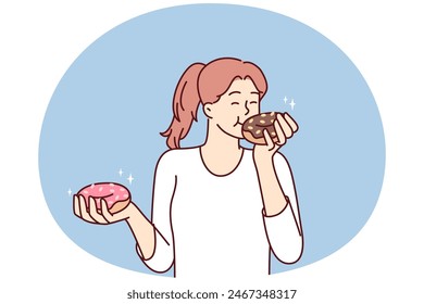 Satisfied beautiful girl eats donuts bought in store with fresh pastries and sweet desserts. Woman eats high-calorie buns covered with sugar icing enjoying donuts from fast food restaurants