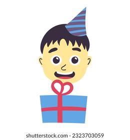 Satisfied birthday boy before the gift. Surprise for a brunette child with a striped party hat. Congratulation. Happy joyful event. Baby Birthday Illustration. Vector illustration.
